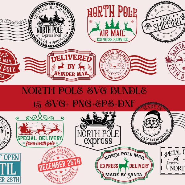 15 North Pole Svg Bundle, North Pole Mail Express Post Svg, Santa Claus Svg, Special delivery Svg, Santa mail Svg, Postage stamp Svg