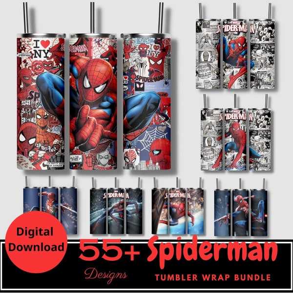 Pacchetto 55+ pacchetti di bicchieri Spiderman, bicchieri skinny con fumetti 3D, bicchieri da 20 oz Png design a sublimazione dei cartoni animati DOWNLOAD IMMEDIATO