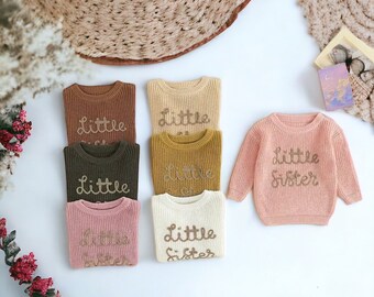 Little Sister Knitted Sweater,Toddler Embroidered Sweater,Infant Winter Sweaters,Outfit for lil Sister,Pregnancy Announcement,Cute Sweater