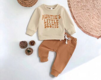 Conjunto de la pequeña bestie de la tía, sudadera y pantalones para niños pequeños, regalo de bebé para la tía, conjunto de ropa para niños pequeños, sudadera de la tía es mi bestie, lindo conjunto de bebé