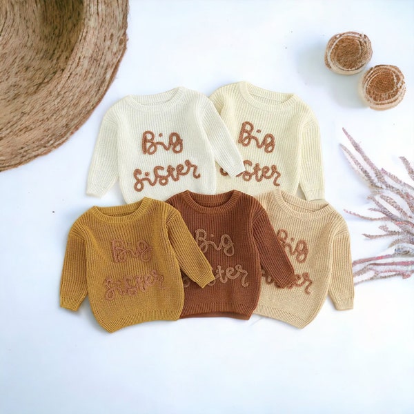 Big Sister Knitted Sweater,Toddler Embroidered Sweater,Infant Winter Sweaters,Outfit for Big Sister,Pregnancy Announcement,Cute Sweaters