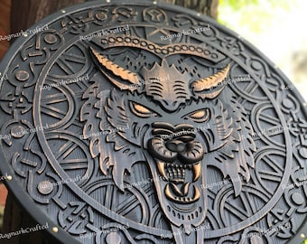 Viking Medieval Shield & Axe Set, Viking Round Shield, Viking Wolf Shield/Axe, Wood Carved Shield, Viking Wall Decor, Cosplay, Gift For Him