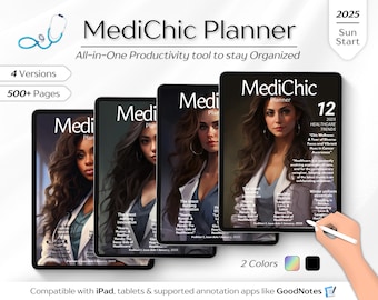 May include: Four versions of a digital planner with a cover featuring a woman in a blue medical uniform. The planner is titled "MediChic Planner" and includes the text "2025 Healthcare Trends".