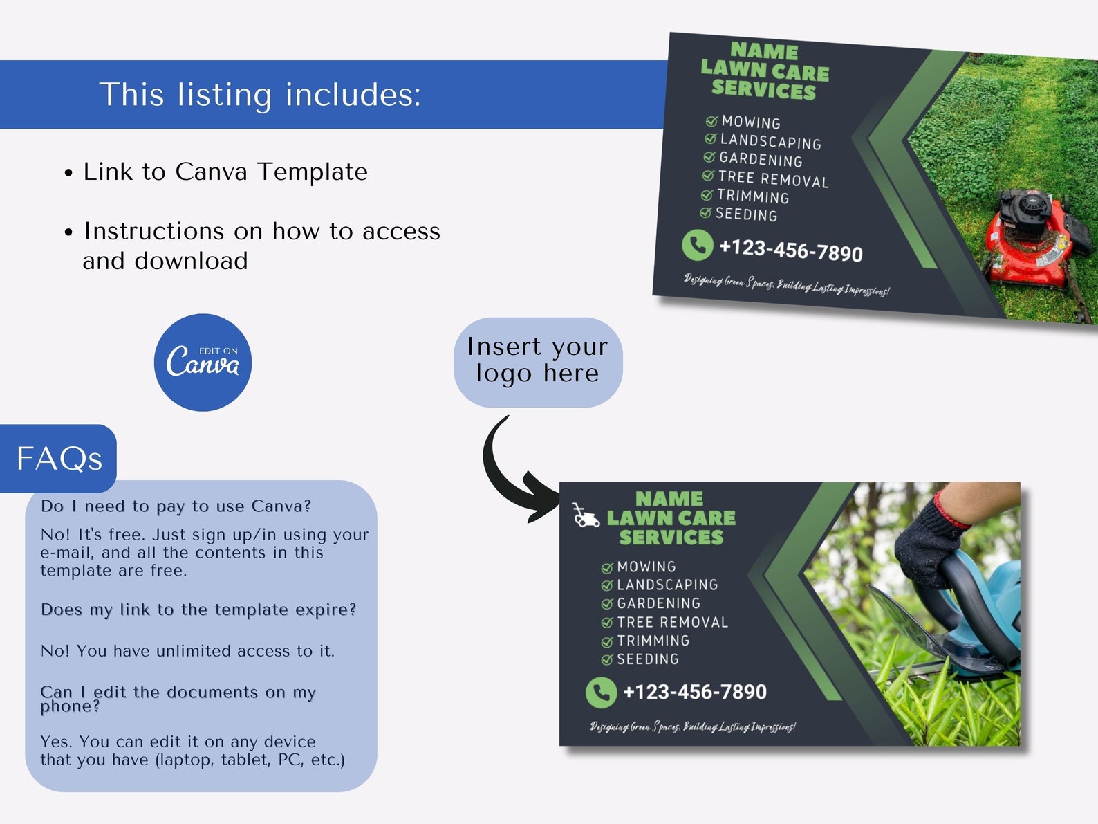 Lawn Care Service Business Cards, DIY Canva Template Design, Lawn