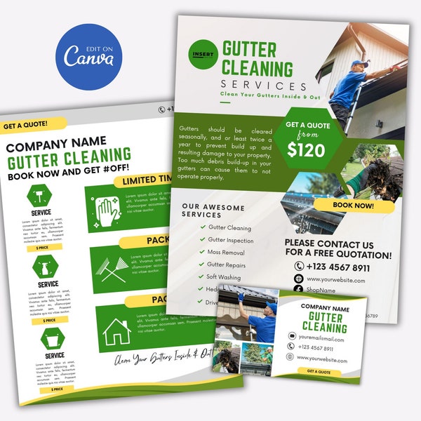 2024 Editable Gutter Cleaning Services Flyer, Gutter Cleaning Business Bundle, Gutter Cleaning Business Card, Business Price List Template