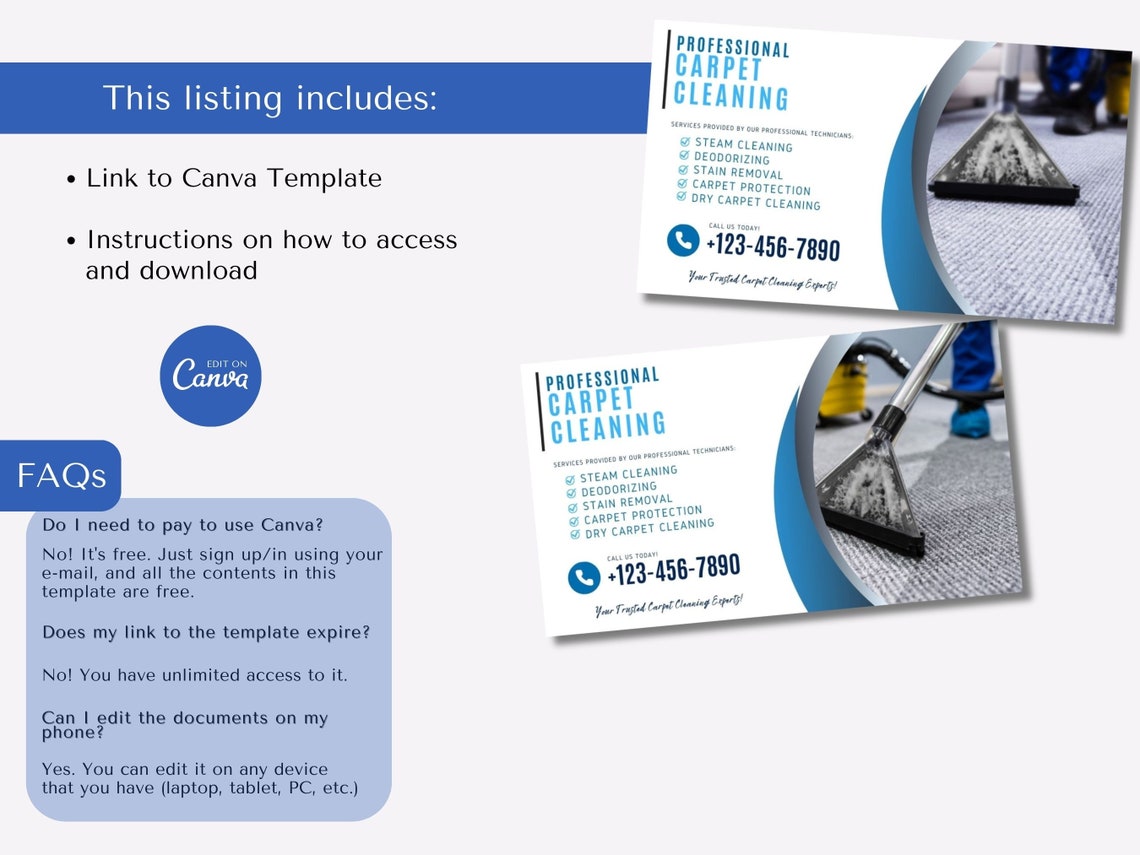 Carpet Cleaning Service Business Cards, Carpet Cleaning Template, DIY