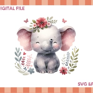May include: A cute cartoon illustration of a gray elephant with pink ears and a floral crown. The elephant is surrounded by green leaves and pink flowers.