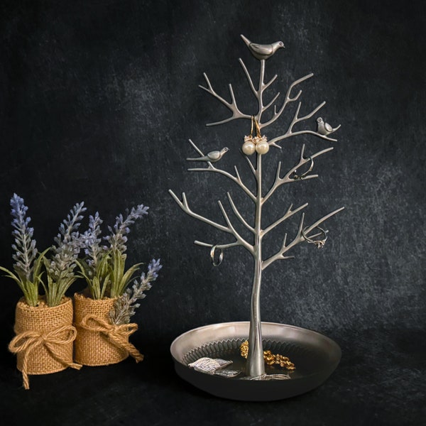 Silver Elegant Tree Branch Jewellery Stand With Acacia Bird, Necklace Stand, Earing Stand, Jewellery Tree Stand