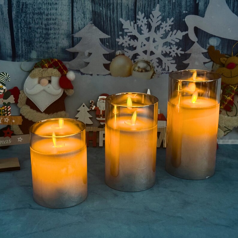 Set of 3 Dimmable Grey Glass Led Candles With Wax and Moving Flame