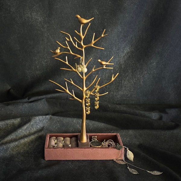 Gold Elegant Tree Branch Jewellery Stand With Acacia Bird, Necklace Stand, Earing Stand, Jewellery Tree Stand
