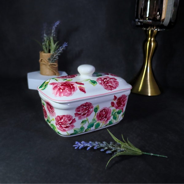 Rose Pattern Floral Fine Bone China Butter Serving Dish, Butter Storage