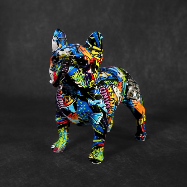 Blaue Graffiti Französische Bulldogge Pop Art Statue, moderne, farbenfrohe und stilvolle Hundefigur mit Graffiti-Kunsthandwerk