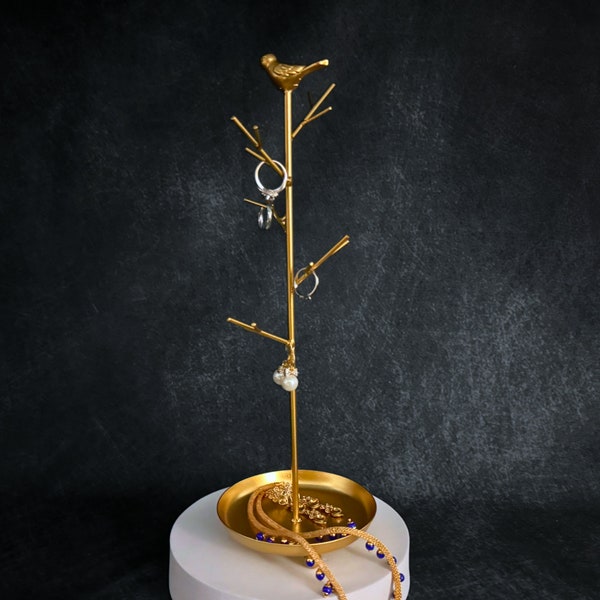 Gold Elegant Tall Tree Branch Jewellery Stand With Acacia Bird, Necklace Stand, Earing Stand, Jewellery Tree Stand