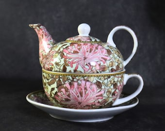 Fine Bone China, Honey Suckle Pattern Floral Tea For One Set, Teapot, Cup And Saucer, Tea Lovers Gift, Floral Tea Set