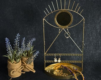 Gold Eye Élégant support de bijoux en or avec miroir, support de collier, support de boucles d’oreilles, support d’arbre à bijoux