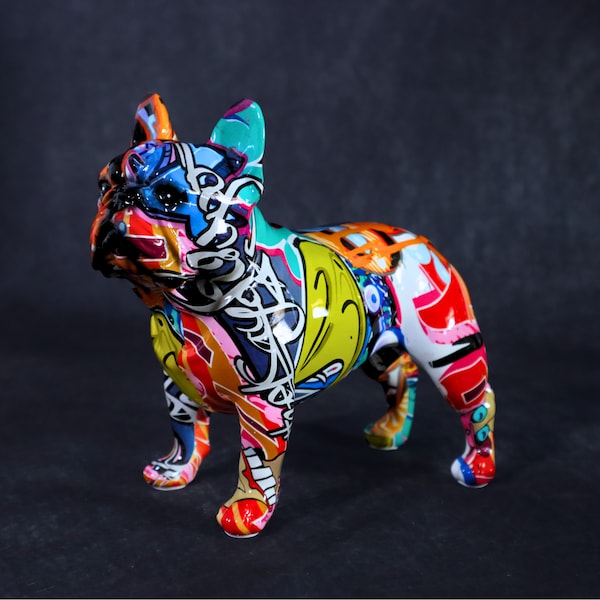 Statue Pop Art Graffiti bouledogue français, figurine de chien moderne, colorée et élégante avec artisanat Graffiti