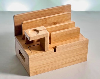 Bamboo Charging Station Dock Organiser, For Phones, Tablets and Apple Watch