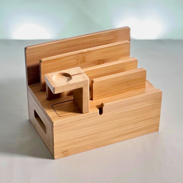 Bamboo Charging Station Dock Organiser, For Phones, Tablets and Apple Watch