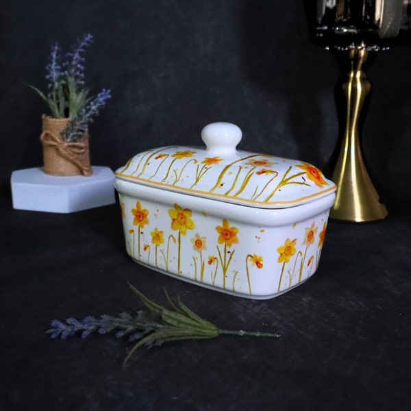 Yellow Floral Pattern Fine Bone China Butter Serving Dish, Butter Storage