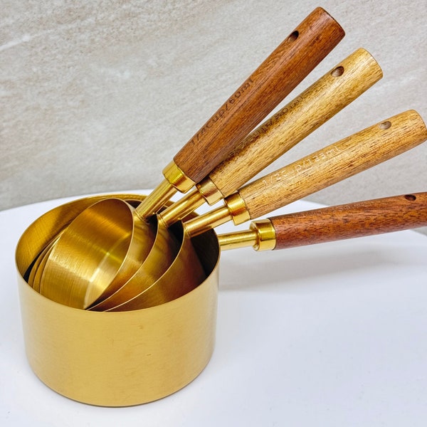 Tasses à mesurer dorées avec manche en bois Tasses à mesurer en acier inoxydable, ustensiles de cuisson, accessoires de cuisine à l'échelle