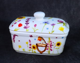 Garden Flowers Pattern Fine Bone China Butter Serving Dish, Butter Storage