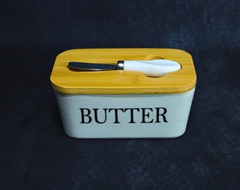 Nordic White Butter Dish With Bamboo Lid And Knife, Butter Serving Dish, Butter Storage