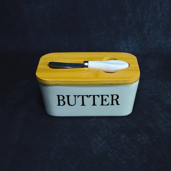 Beurrier blanc nordique avec couvercle et couteau en bambou, plat de service à beurre, conservation du beurre