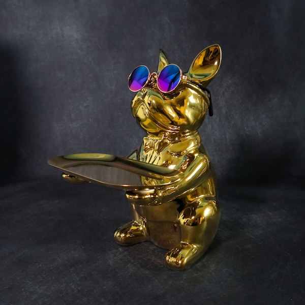 Grand bouledogue français doré de 23 cm, avec plateau doré, porte-clés, plat à bijoux, tirelire