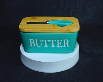 Nordic Turquoise Butter Dish With Bamboo Lid And Knife, Butter Serving Dish, Butter Storage