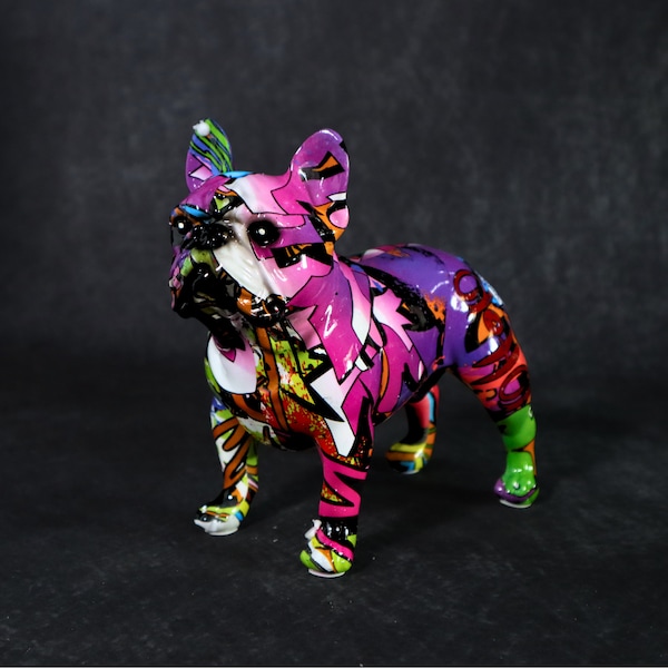 Lila Graffiti Französische Bulldogge Pop Art Statue, Moderne, Bunte und Stilvolle Hundefigur mit Graffiti Handwerkskunst