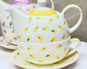 Yellow Floral Tea For One Set With Teapot, Saucer and Cup