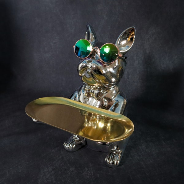 23cm Large Silver French Bulldog With Golden Tray, Key Holder, Jewellery Trinket Dish, Money Bank