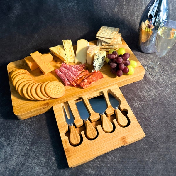 Wooden Bamboo Cheese Board With Utensil Set And Non Slip Base | Gift For Christmas | Housewarming Gifts | Wedding Gift