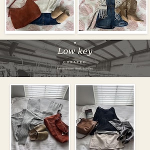 Op de afbeelding: Een verzameling van vier samengestelde outfits met diverse kledingstukken zoals truien, spijkershorts, rokken, tops, handtassen, laarzen en slippers, weergegeven in een collage met de tekst Low key CURATED Personalized Thrift Bundles.