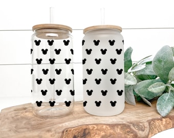 Customizable Disney-Inspired Mouse Libbey Glass | Reusable 16oz. Iced Coffee Cup with Lid & Straw