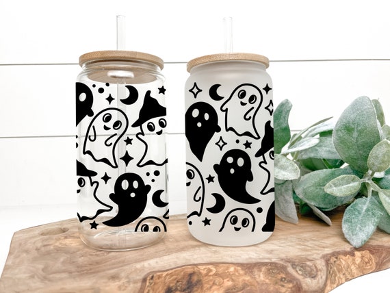 Ghosts with Flowers Glass Coffee Cup With Lid & Straw