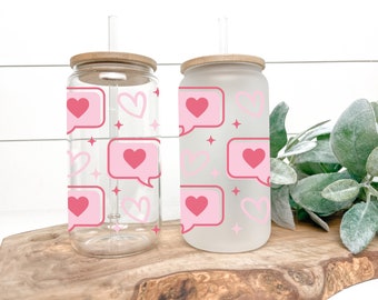 Valentine Chat Bubble Hearts Libbey Glass | Reusable 16oz. Iced Coffee Tumbler | Romantic Love Drinkware Glass with Lid and Straw