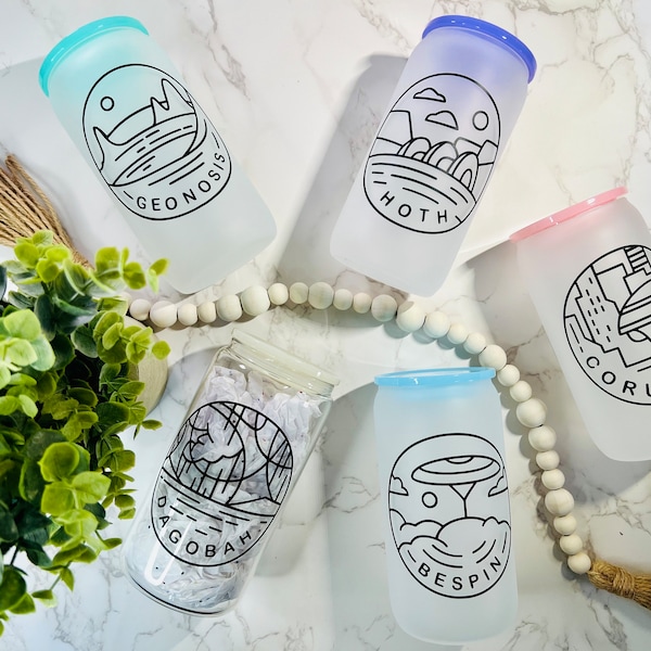 Star Wars Planets Glass Tumbler | May the Fourth Libbey Glass | Iced Coffee Cup 16oz Glass Cup | Beer Can Glass with Lid and Straw