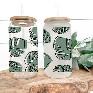 Customizable Monstera Libbey Glass | Tropical Glass Tumbler | Aesthetic 16 oz Iced Coffee Cup | Iced Coffee Tumbler for Plant Lovers