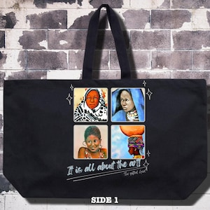 Large Zippered Cotton Canvas Tote Bag- Happy African Women