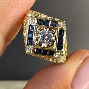 Vintage art-decostijl 14 kt geelgouden ring met diamant en saffier