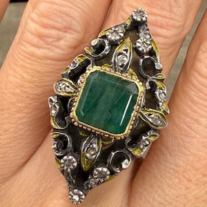 Antique 9ct Rose Gold Silver Diamond And Emerald Ring