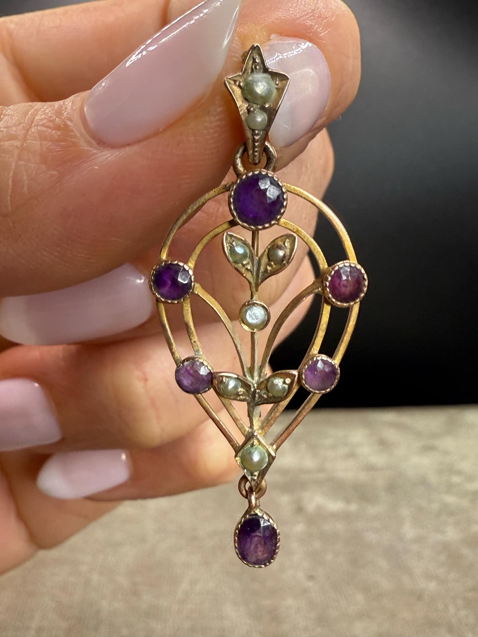 Antique 9ct Rose Gold Amethyst And Seed Pearl Lavaliere Pendant