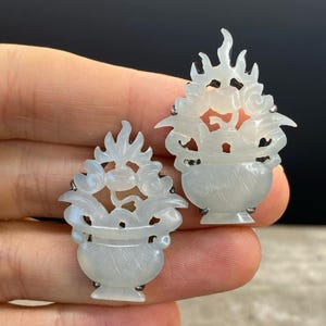 Antique Chinese Export Silver And Celadon Jade Flower Basket Earrings - Late Qing Dynasty
