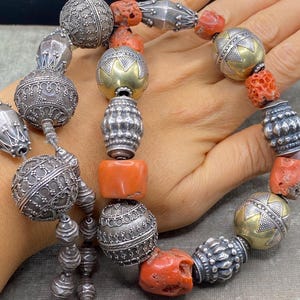 Antique 19th Century Eastern Filigree Silver And Coral Beaded Necklace