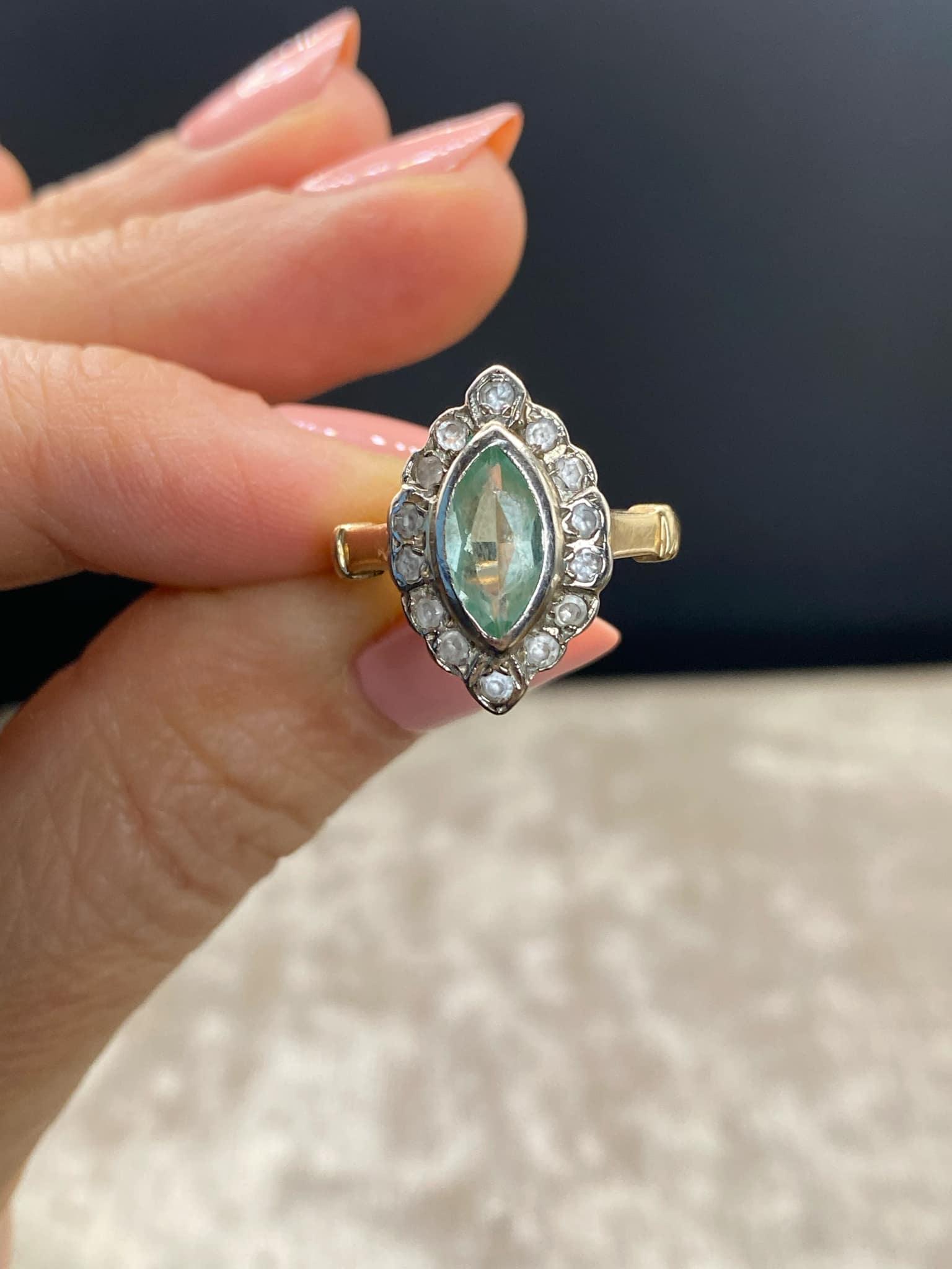 Antique 14K Yellow Gold Diamond And Aquamarine Marquis Ring