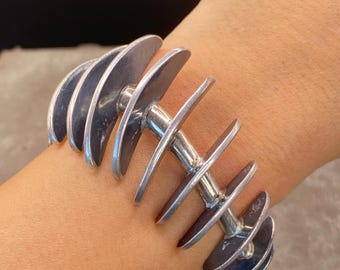 Rare Antonio Pineda Taxco Sterling Silver Fishbone Cuff Bracelet - Signed
