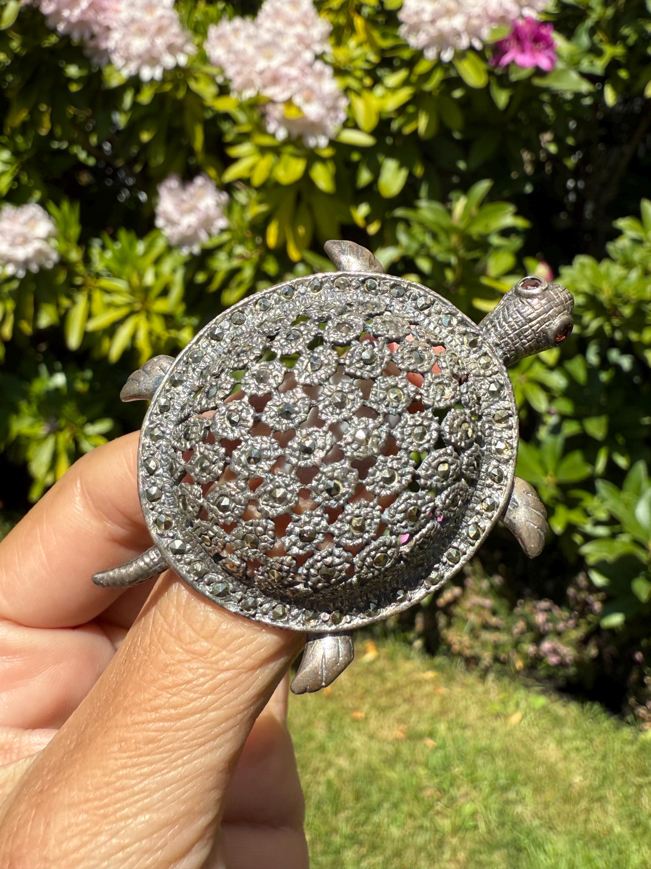 Antique Sterling Silver Garnet And Marcasite Turtle Brooch