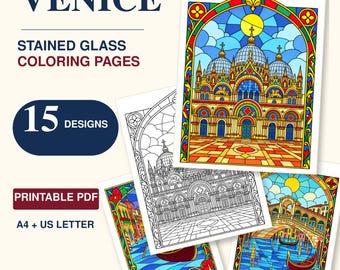 Venice Coloring Pages for Adults, 15 Stained Glass Printables, British Landmarks Coloring Book, A4 & US Letter PDF