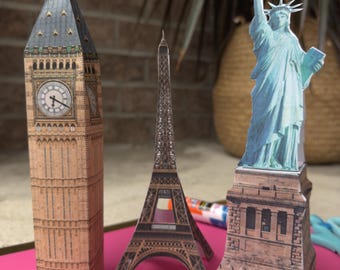 Colored Printable Set of 3 Eifell Tower Statue of Liberty Big Ben 3D Paper Model Houses Paper templates, crafting kit PDF Instant Download